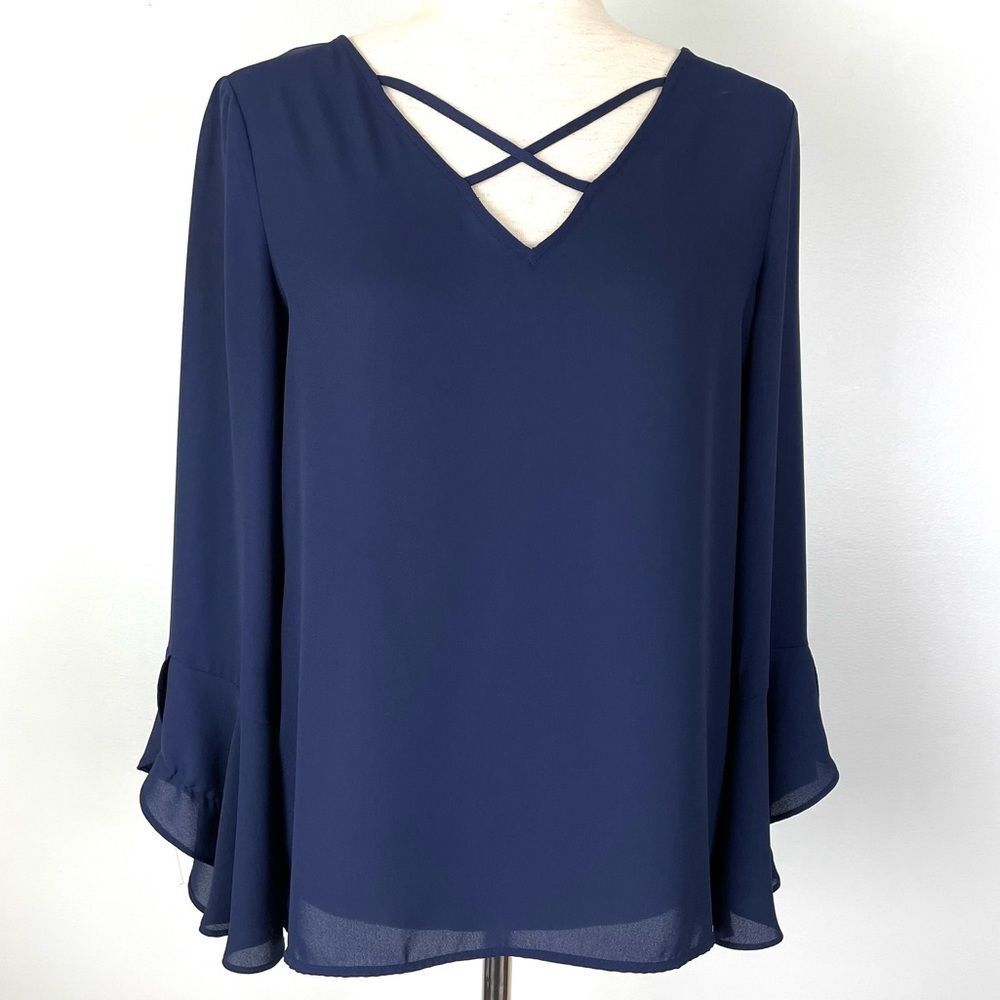 Soho Navy Blue Sheer Pull Over Blouse XS